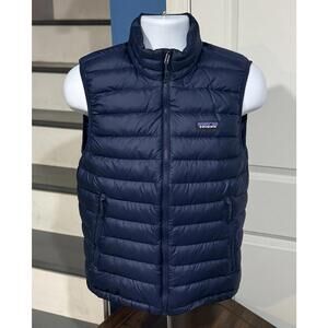 Men's Small Patagonia Goose Down Sweater Puffer Vest Full Zip Navy Blue Jacket!